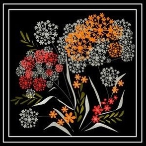 red and yellow flowers on black pattern in patchwork style squares