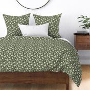 (small 7x6.5in, textured )  Bohemian Garden / Clematis and a bird / all-over /  forest green WGD-117 and off-white / small scale