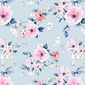 Translucent Loose Watercolor Florals Small White Pink Indigo Blue Fabric Wallpaper