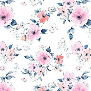 Translucent Loose Watercolor Florals Small White Pink Indigo Blue Fabric Wallpaper