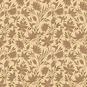 (medium 10x9in, textured )  Bohemian Garden / Clematis and a bird / all-over / light brown, olive green on wheat / WGD-103 WGD-107 / Arts and Crafts coorinate / small scale