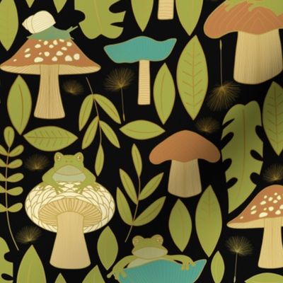 Frogs and Mushrooms in the Leaves  // Gold, Blue, Green, Orange on Black