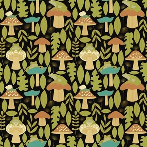 Frogs and Mushrooms in the Leaves  // Gold, Blue, Green, Orange on Black