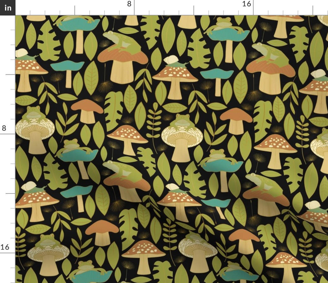 Frogs and Mushrooms in the Leaves  // Gold, Blue, Green, Orange on Black