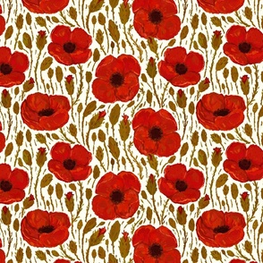 12x8 Red Poppy Flowers and Buds - Bright Large Florals