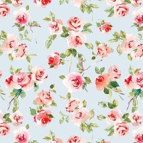 Soft Roses Watercolor Florals Small Fabric Wallpaper White Red Pink Green Baby Blue