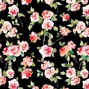 Soft Roses Watercolor Florals Small Fabric Wallpaper White Red Pink Green Black