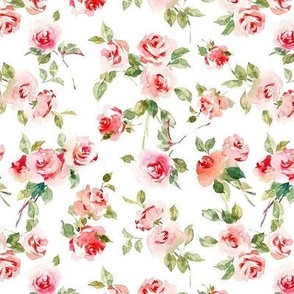 Soft Roses Watercolor Florals Small Fabric Wallpaper White Red Pink Green