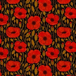 12x8 Bright Red Poppy Flowers and Poppy Buds on Dark Background 