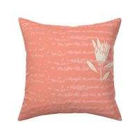Cream Protea Bud on Coral Red Textured Background