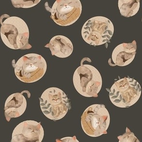 Cute cats in soft neutral colors on a dark brown background