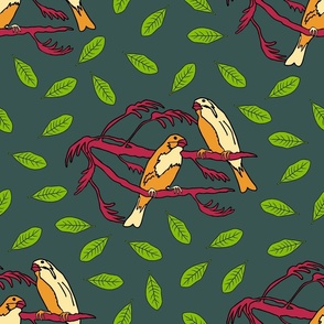 leaves and birds on olive green (medium)