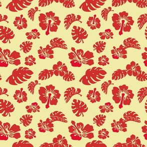 Red Hibiscus  & monstera on butter yellow - small