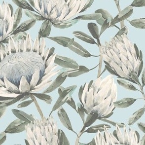 Small Watercolor White King Proteas with Dulux Dewpoint Quarter Light Blue Background