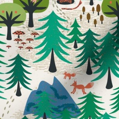 In the forest - (large half drop) Bears, birds and deer among the trees for this forest inspired design.  