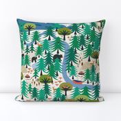 In the forest - (large half drop) Bears, birds and deer among the trees for this forest inspired design.  