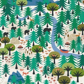 In the forest - (large half drop) Bears, birds and deer among the trees for this forest inspired design.  