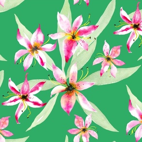 Large big scale lillies in pink and green from Anines Atelier. Loose watercolor style