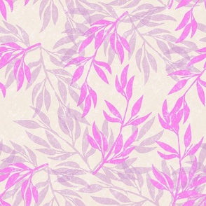 Leaves silhouettes purple and fuchsia with texture on ivory linen misty pink almond color shades of beige