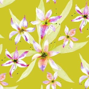 bold large scale lillies in mustard and pink watercolor from Anines Atelier. Hand painted design