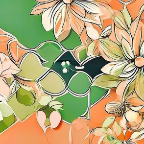 retro flowers peach and green pastel large scale