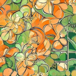 retro flowers pastel colors peach and green large scale