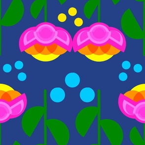 The Perfect Trap Tulip Flowers Colorful Spring Garden Big Modern Scandi Dots Geo Hot Pink And Orange Floral Quad Pattern With Yellow And Turquoise On Navy Blue