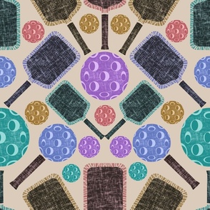 Seamless pattern with pickball rackets and balls for playing in multi-colored shades on a beige background.