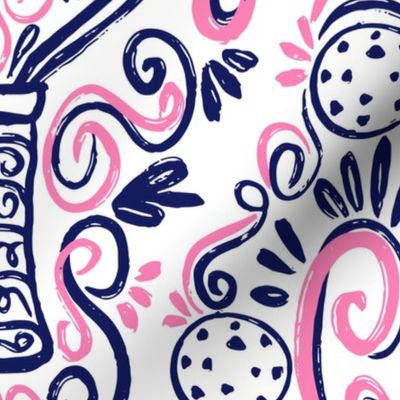 Pickleball Rococo Preppy Extra Large Scale Pink and Navy 