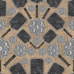 Seamless pattern with pickball rackets and balls for the game in black and white shades on a beige background