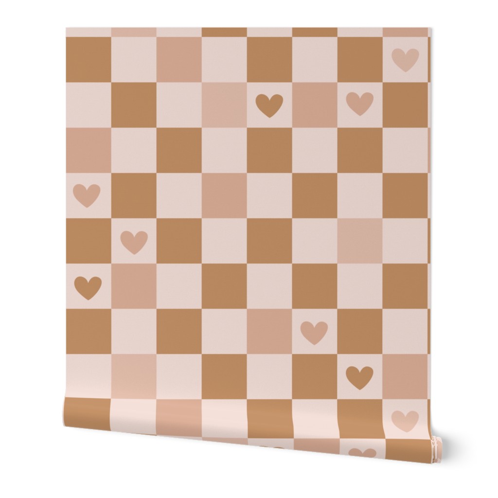 Valentine gingham hearts - retro checkerboard style trend nineties retro design seventies palette beige cinnamon tan blush WALLPAPER