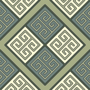 Large Scale Bayeux Greek Key Green and Linen