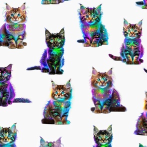 psychedelic bioluminescent iridescent futuristic cyber matrix colorful kittens on white