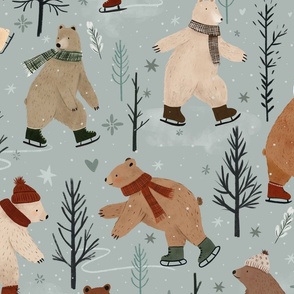 Skating bears - Ice skating in the forest in blue Large