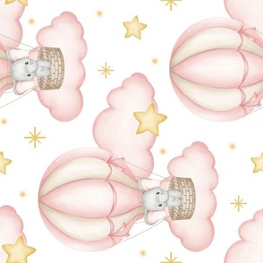 Pink Baby Elephant Air Balloon Clouds Stars Girl Nursery Rotated