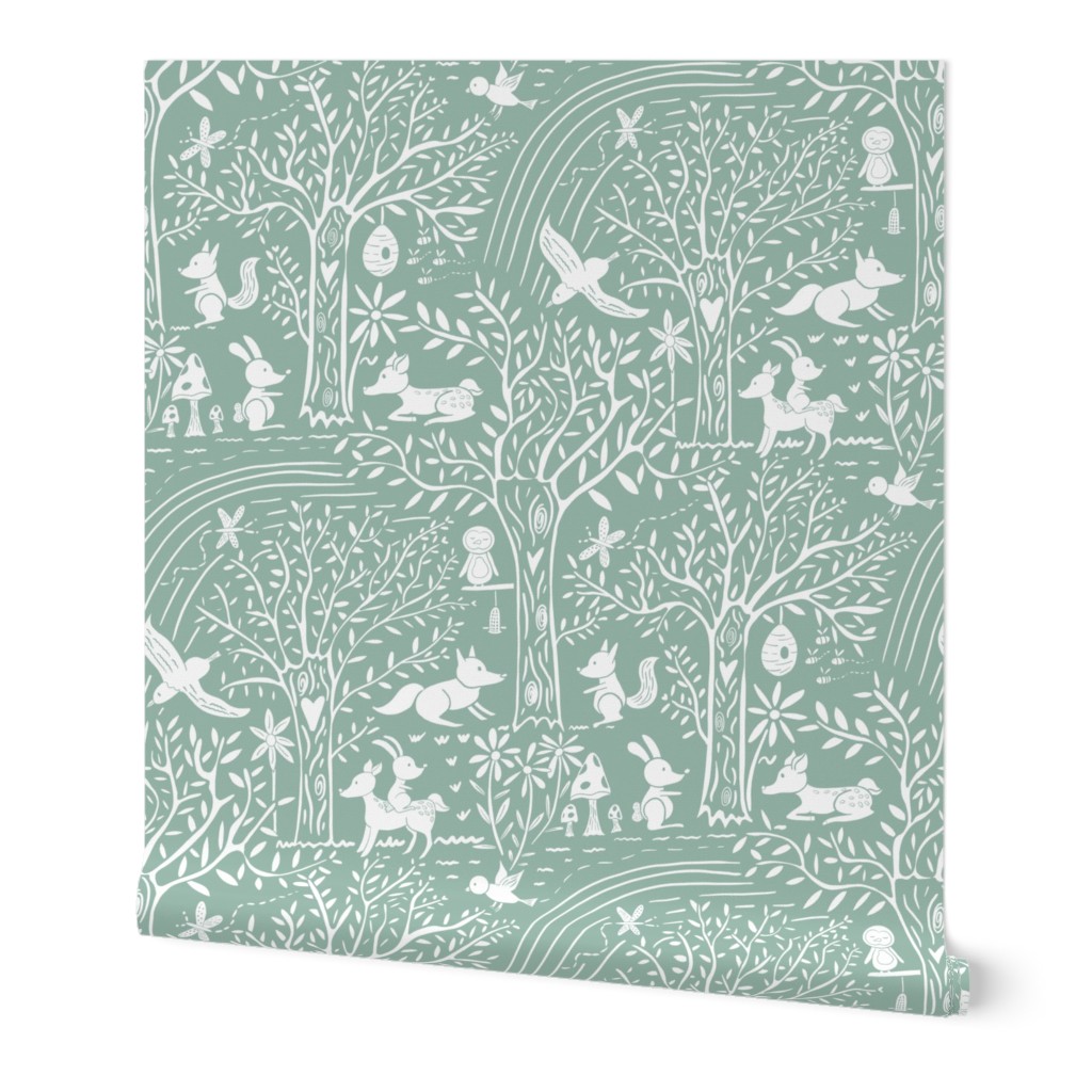 Woodland Adventure - a beautiful woodland aesthetic pattern on sage green featuring fox, rabbit, deer, birds and trees