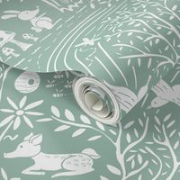 Woodland Adventure - a beautiful woodland aesthetic pattern on sage green featuring fox, rabbit, deer, birds and trees