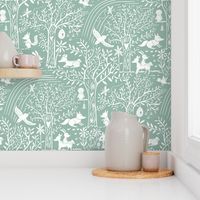 Woodland Adventure - a beautiful woodland aesthetic pattern on sage green featuring fox, rabbit, deer, birds and trees