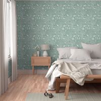 Woodland Adventure - a beautiful woodland aesthetic pattern on sage green featuring fox, rabbit, deer, birds and trees