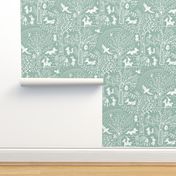 Woodland Adventure - a beautiful woodland aesthetic pattern on sage green featuring fox, rabbit, deer, birds and trees