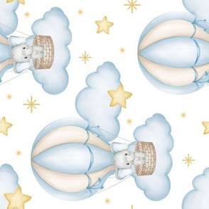Blue Baby Elephant Air Balloon Clouds Stars Nursery Rotated 
