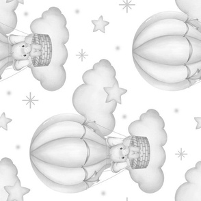 Baby Elephant Air Balloon Clouds Stars Nursery Gray Rotated 