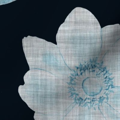  Hand-painted light and denim blue anemones with linen texture (jumbo/ extra large scale) 