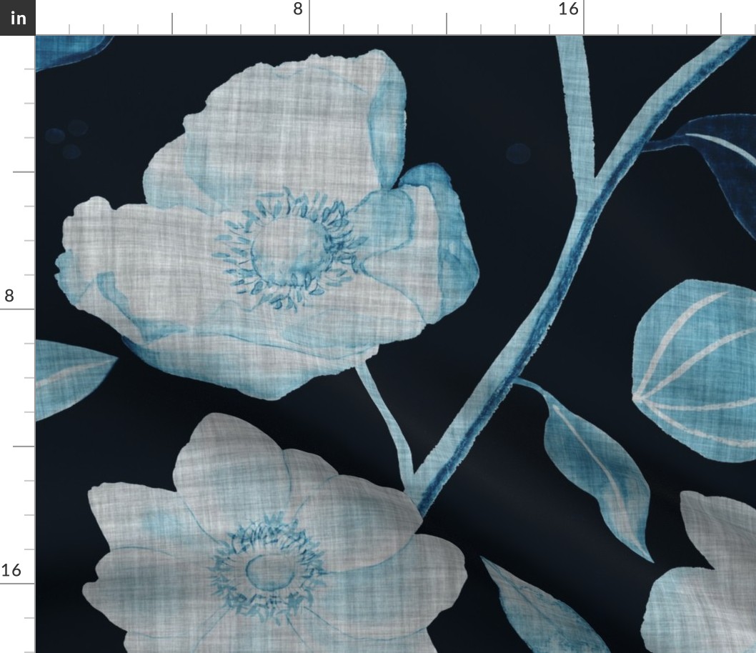  Hand-painted light and denim blue anemones with linen texture (jumbo/ extra large scale) 