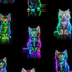 psychedelic bioluminescent iridescent futuristic cyber matrix colorful kittens on black