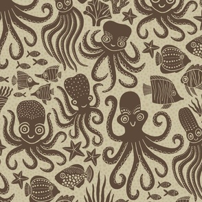 Playful Octopuses - Bubbly Background - Dark Brown - Large Version