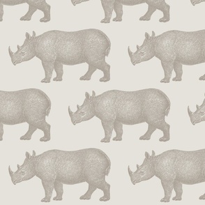 vintage rhino illustration in origami white and mega greige  (beige)