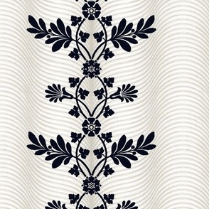 1803 Vintage French Wavy Floral Trompe L'oeil in Midnight Blue on Ivory