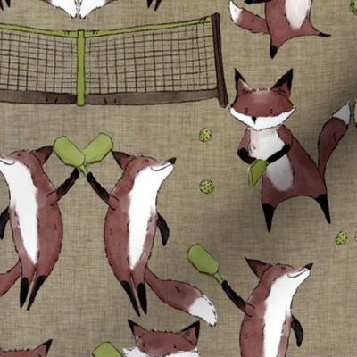 Pickleball Playing Foxes-on green with rust and gray textures (medium scale )
