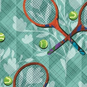 Tennis balls and rackets on teal geometric background with subtle floral motif